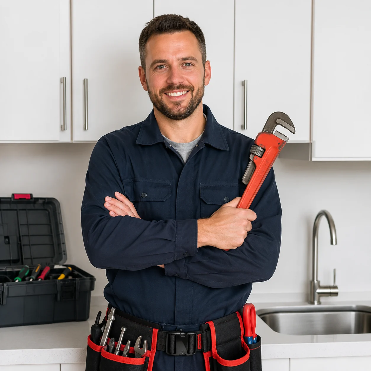QuikrPlumber plumber standing in a kitchen holding a pipe wrench